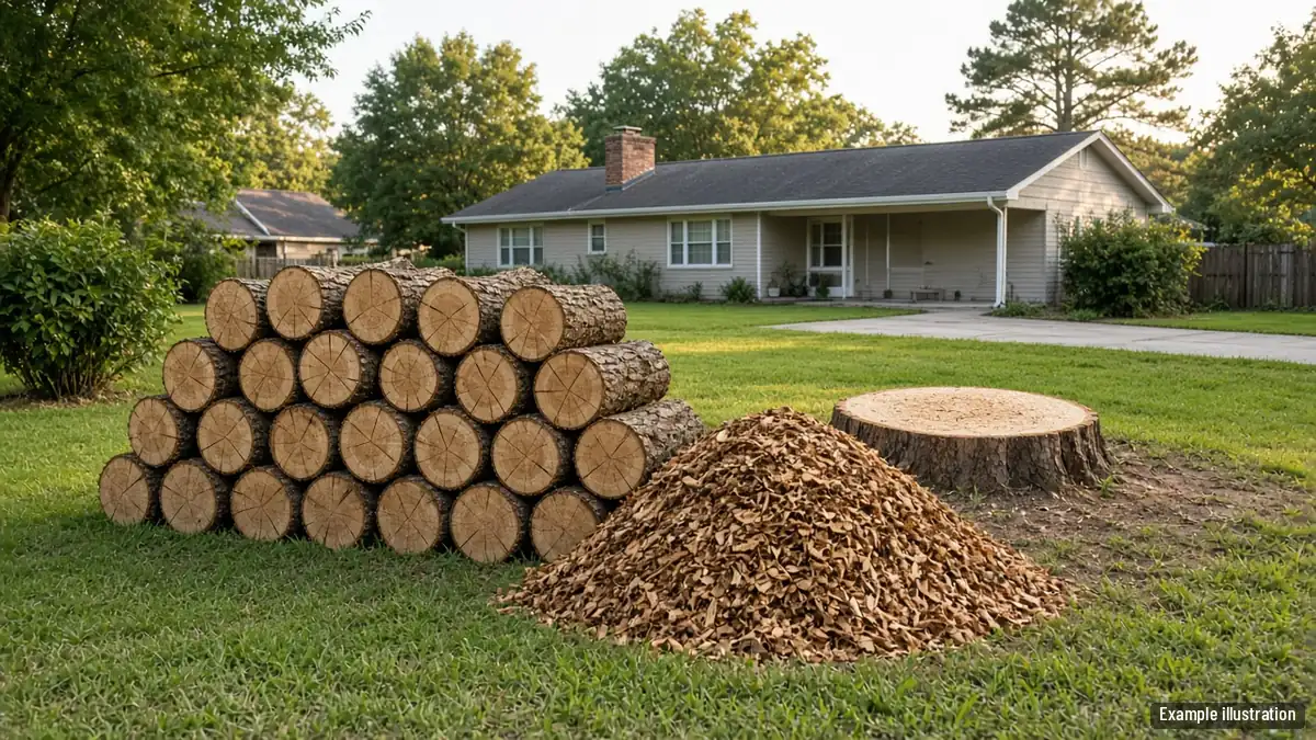 Oak trunk rounds and a pile of wood chips stacked at the edge of a lawn after a tree removal