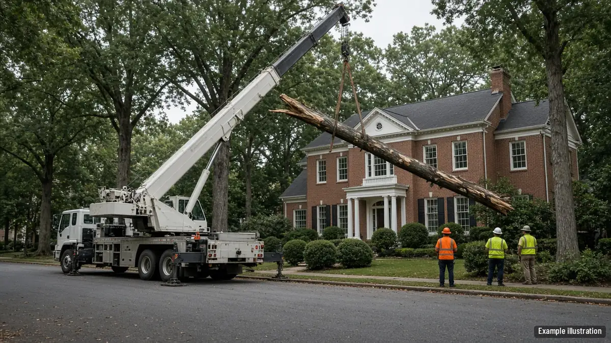 Mobile crane in a residential street lifting a long oak section over a two-story house