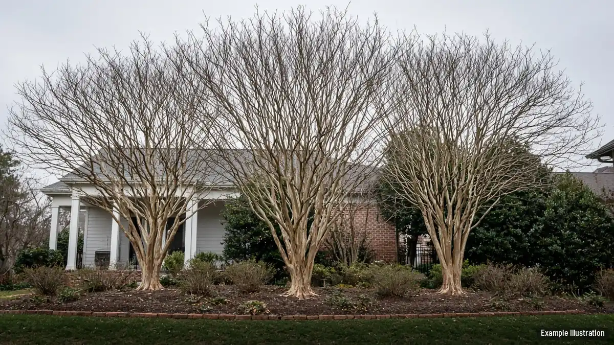 Row of multi-trunk crape myrtles with smooth tan bark and natural vase shapes in winter