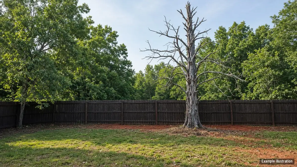 Tall dead pine with bare gray limbs at the back of a fenced Greenville yard