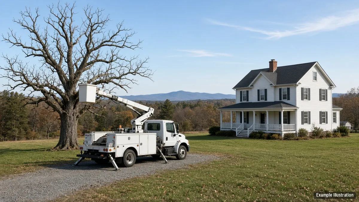 Bucket truck beside a tall dead oak next to a two-story farmhouse-style home on a wide lot