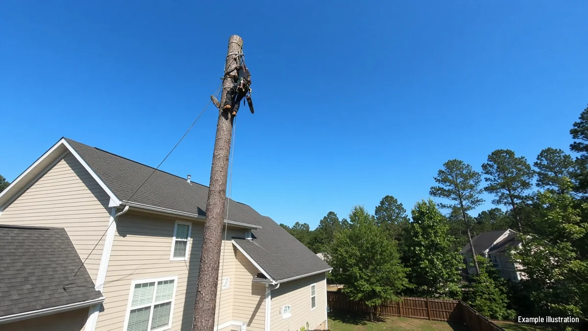 Climber cutting a tall pine down in sections behind a two-story suburban home