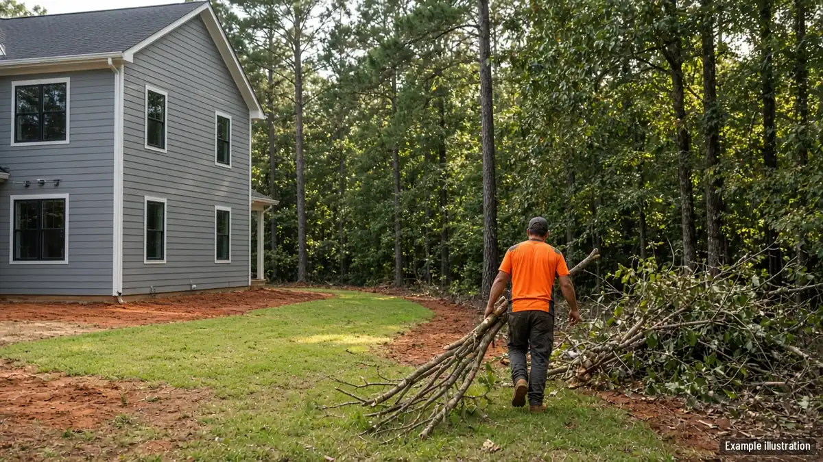Tree crew cleaning up cut limbs beside a new-construction home with young trees at the edge of a wooded lot