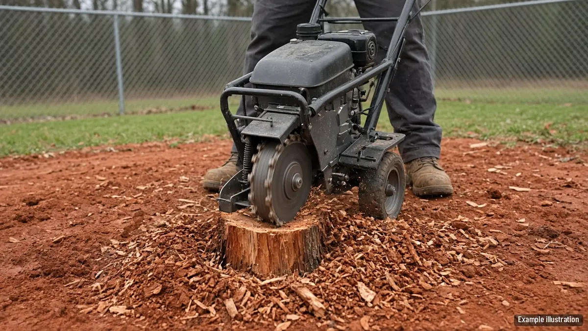 Compact stump grinder chewing a pine stump in a backyard with a chain link fence
