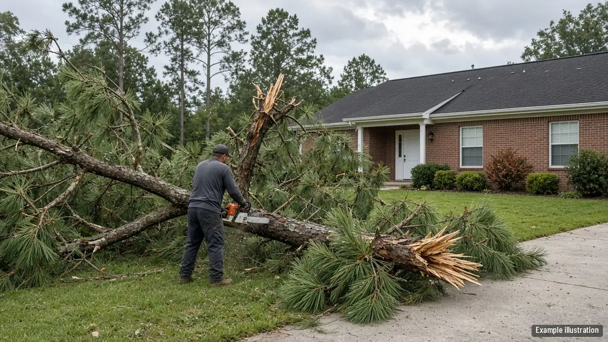 Wind-snapped pine limbs on a lawn after a storm with a crew cutting them up near a brick home
