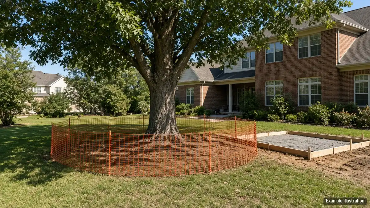 Orange protective fencing around a mature oak in a backyard while a patio is built nearby