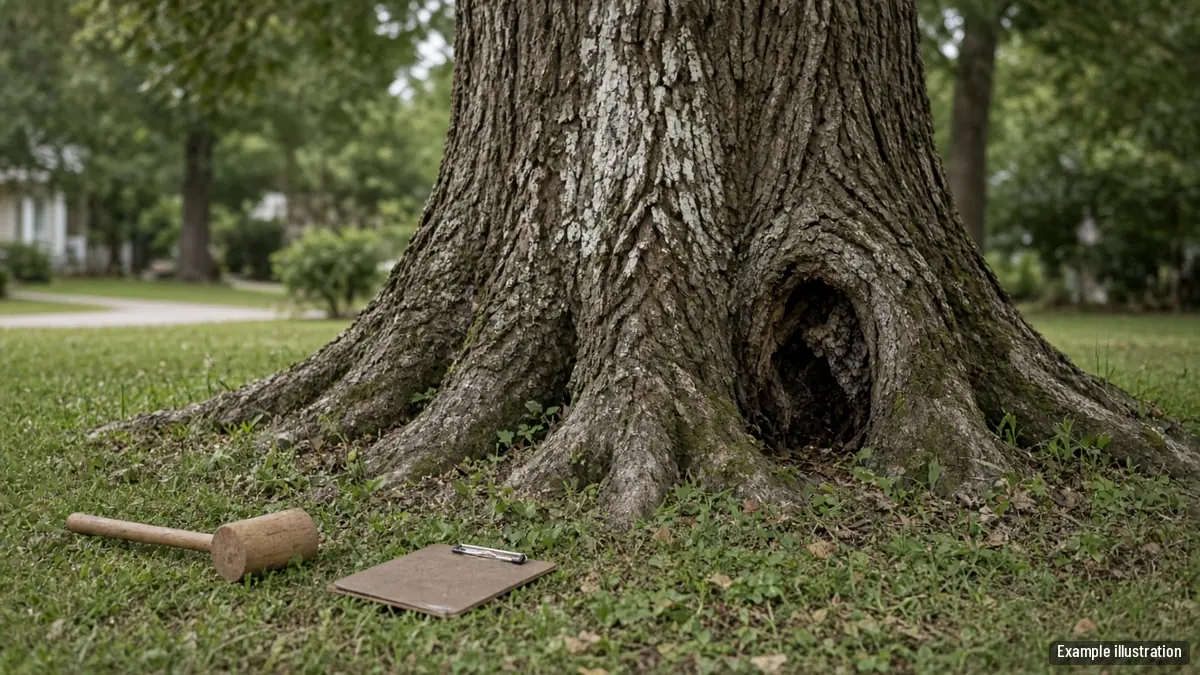 Base of a large old oak with exposed root flare and a small cavity on a Greenville lawn