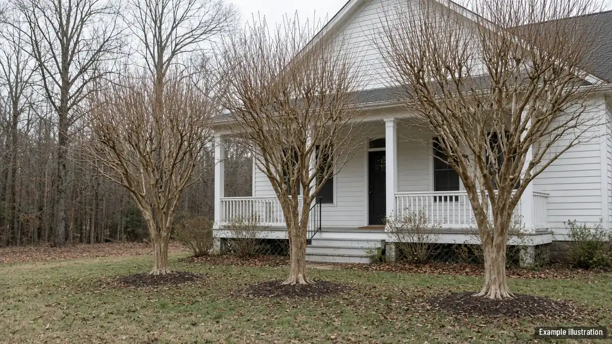 Crape myrtles pruned to a natural vase shape in front of a small frame house