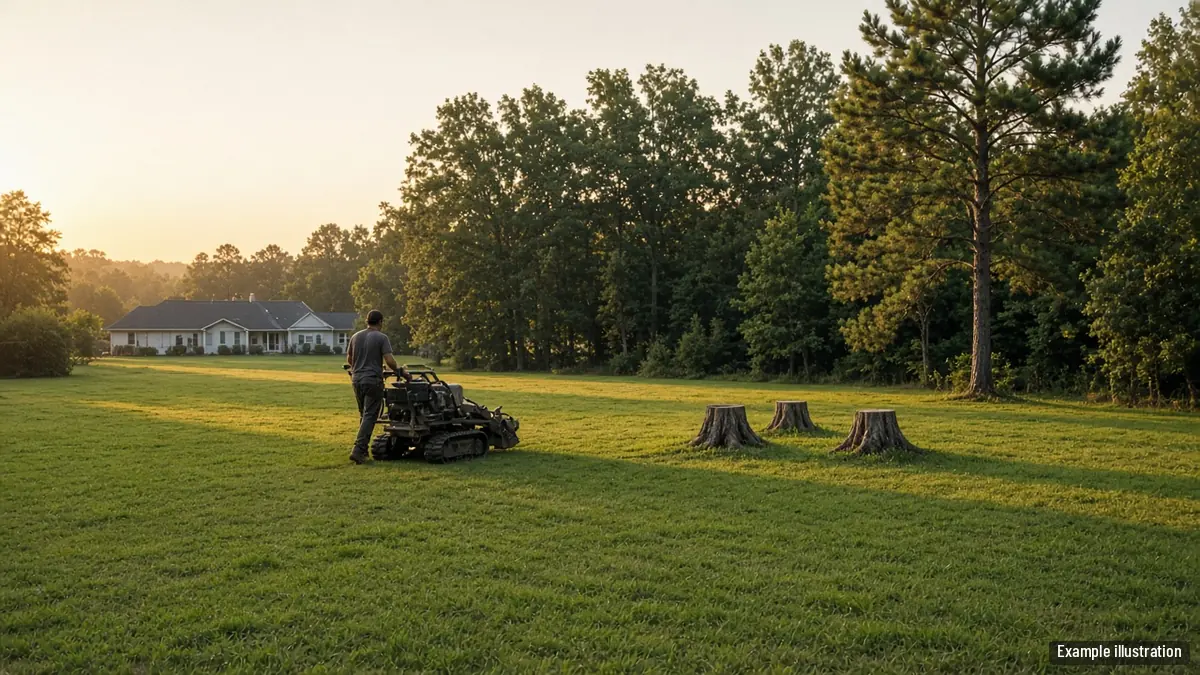 Tracked stump grinder crossing a wide lawn toward several old stumps near a tree line
