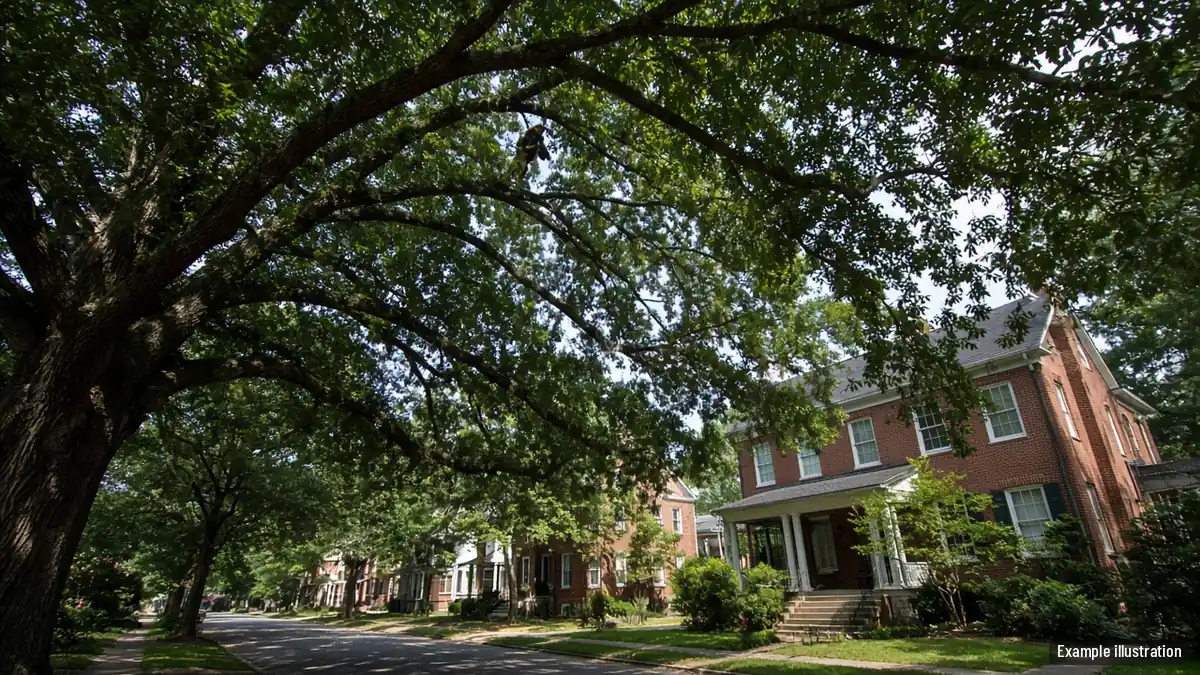 Large thinned oak crown arching over a quiet Greenville street with light coming through