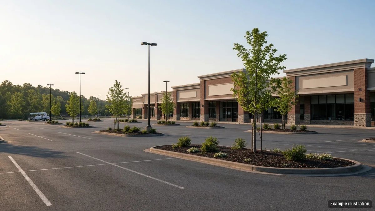 Trimmed shade trees in parking lot islands at an unbranded shopping center