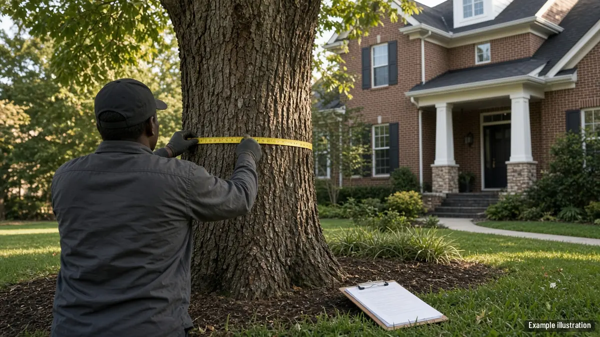 Arborist measuring a large oak trunk with a diameter tape in a Simpsonville front yard