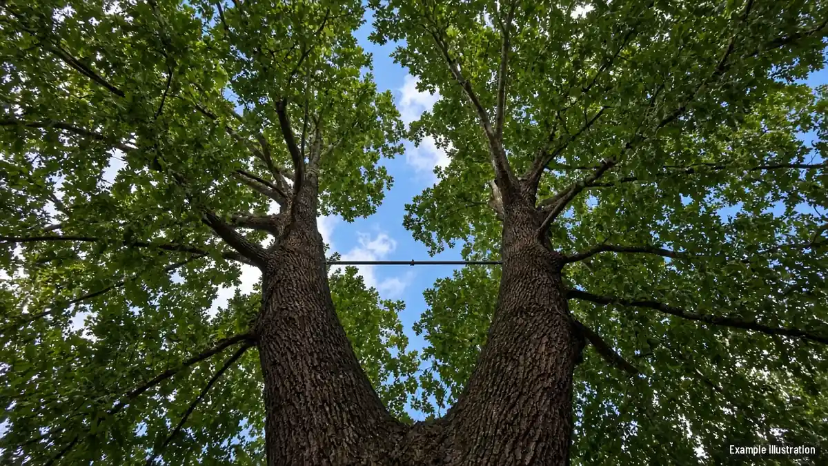 Steel support cable between two large stems high in a mature oak crown against the sky