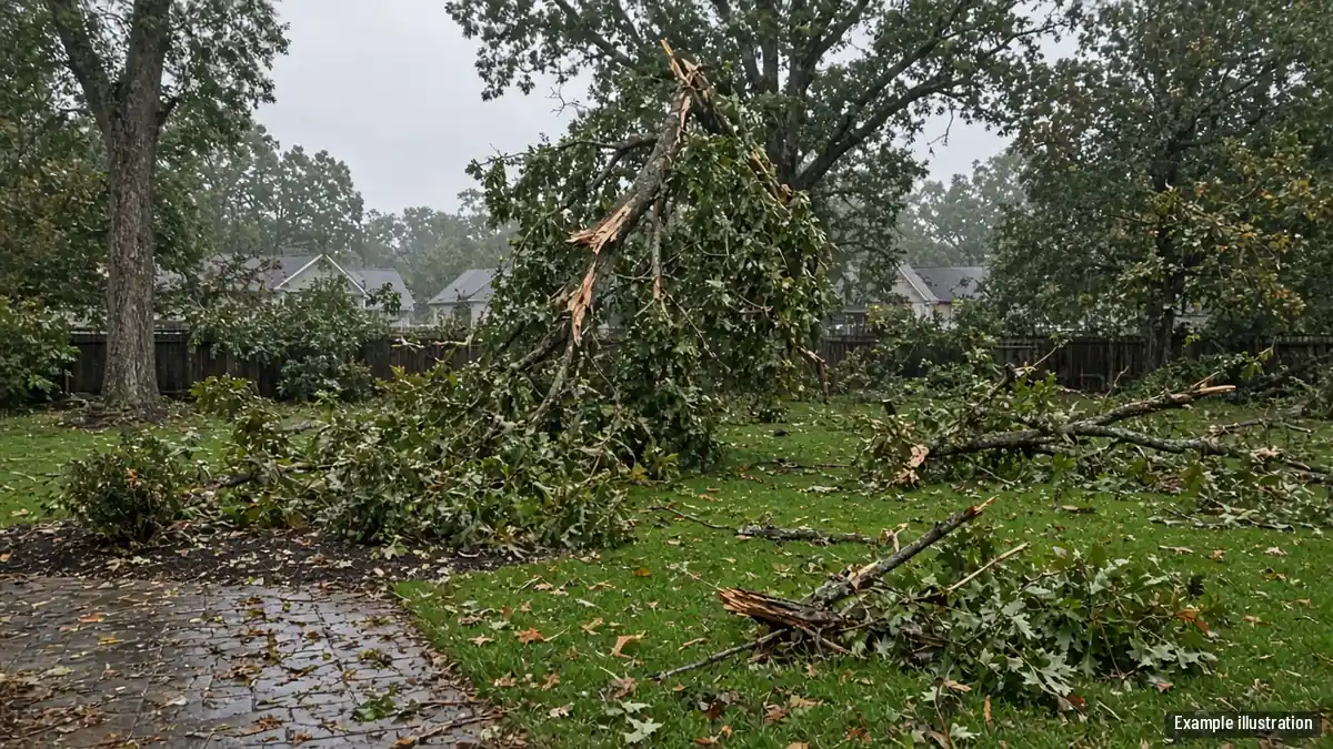 Backyard covered with broken oak limbs and leaves after a storm, with a split limb hanging in the crown