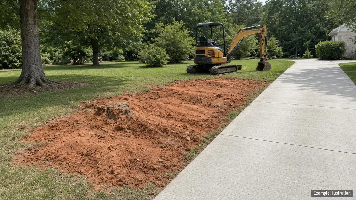 Freshly backfilled red clay patch where a stump and roots were dug out beside a driveway