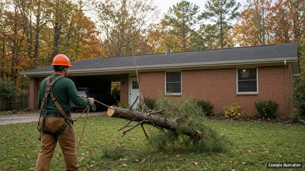 Tree crew lowering a pine limb by rope beside a one-story brick ranch home in an Upstate South Carolina neighborhood