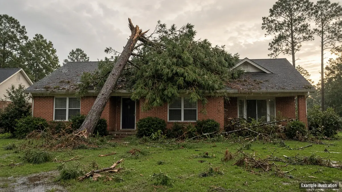 Pine trunk resting across the roof of a one-story brick home after a storm, seen from the street
