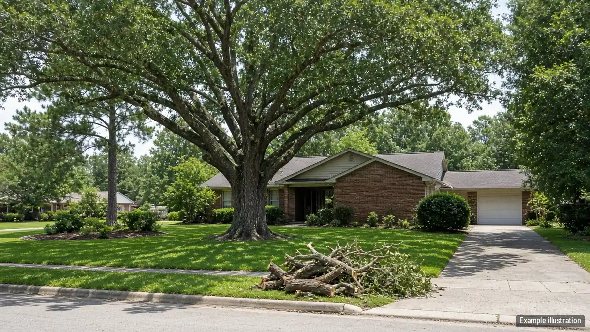 Mature oak with lower limbs raised above a driveway and roofline of a split-level home
