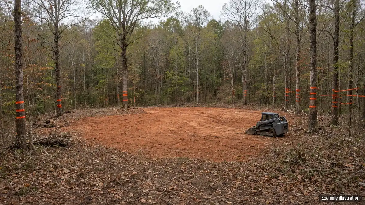 Partly cleared wooded lot with a red-clay building pad and ribboned keep trees